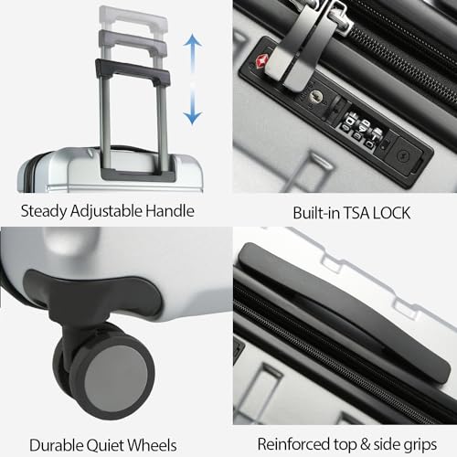 KROSER Hardside Expandable Carry On Luggage with Spinner Wheels & Built-in TSA Lock, Durable Suitcase Rolling Luggage with USB Port, Carry-On 20-Inch, Silver Grey - color: Silver Grey