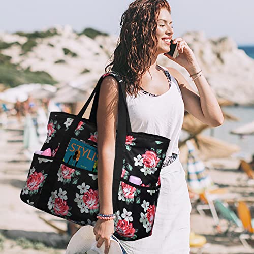 Becokan Beach Bags for Women Large Beach Tote Bag with Zipper Pockets Beach Bag Waterproof Sandproof Travel Nurse Tote Bag - color: Flowers