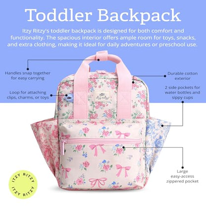 Itzy Ritzy Toddler Backpack - Daycare Bag - Features Adjustable Shoulder Straps, 2 Side Pockets & Spacious Interior with Wipeable Fabric Lining & Name Label, Ribbons & Roses Backpack - color: Ribbons