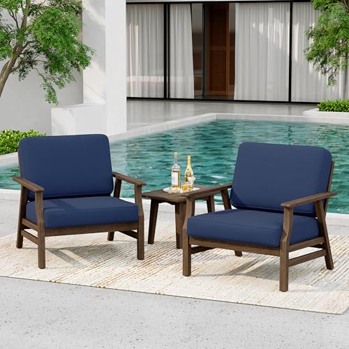 3 Piece Wood Patio Chair Outdoor Bistro Set, Outdoor Armchair All Weather Patio Sofa Furniture Backyard Conversation Sets with Wooden Side Table, Navy Blue - color: Navy Blue, size: 3PCS