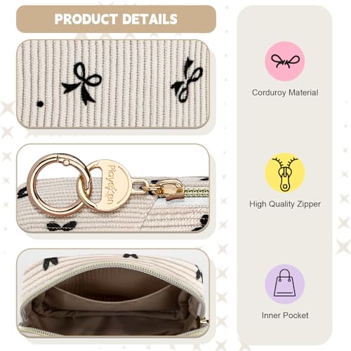 Cute Period Bag for Teen Girls, Corduroy Sanitary Napkin Storage Bag, Menstrual Pad Pouch Tampon Holder for Purse (Black Bow Tie) - color: Beige-black Bow Tie