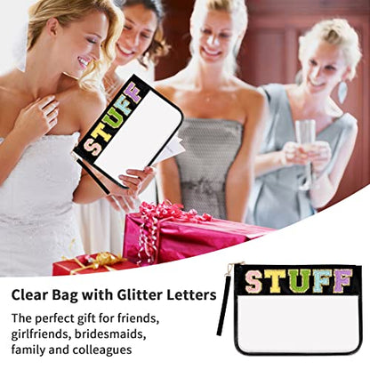 Iqimott Chenille Letter Clear Bag Stuff Pouch, Monogram PVC & PU Makeup Cosmetic Bag Zipper Toiletry Pouch, Waterproof Portable Purse Travel Beach Snack Wristlet Bags for Women Girls(Stuff, Black) - color: Stuff-Black