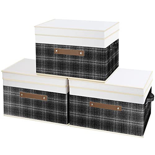 TYEERS Collapsible Storage Bins with Lids, Patchwork Design, Washable, Fabric Storage Boxes, 14.9x9.8x9.8 inches, 3 Pack, Black - color: Black & White, size: set of 3