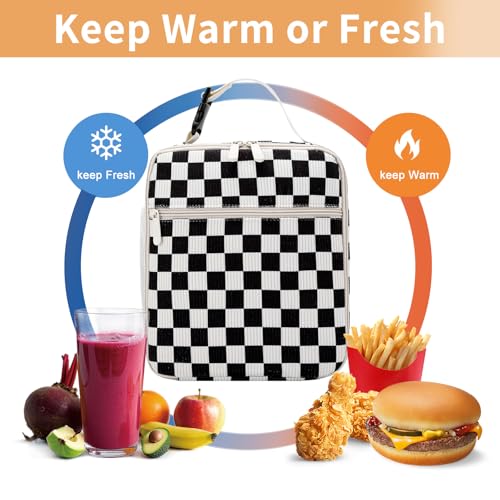 Lunch Box for Women Men Adult Insulated Lunch Bag Women Men Small Reusable Lunchbox for Work Picnic Travel (Black-White Plaid) - color: Black-White Plaid