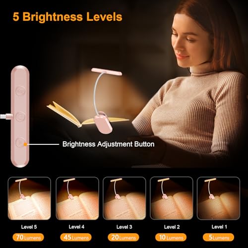 Gritin Rechargeable Book Light for Reading in Bed with 19 LED &Memory Function-Eye Caring 3 Color Temperatures,5 Brightness Levels,90 Hrs Runtime Flexible Goose Neck Clip on Light-Pink - color: Pink