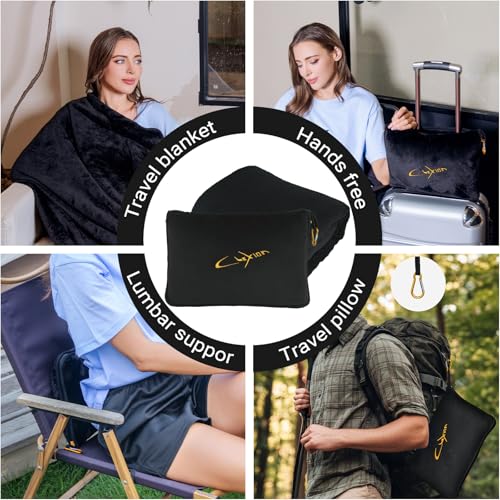 Airplane Travel Blanket with Pillow,300 GSM Soft Fleece Compact Blanket with Carry Bag,Lightweight Travel Blanket for Flights,Black - color: Black
