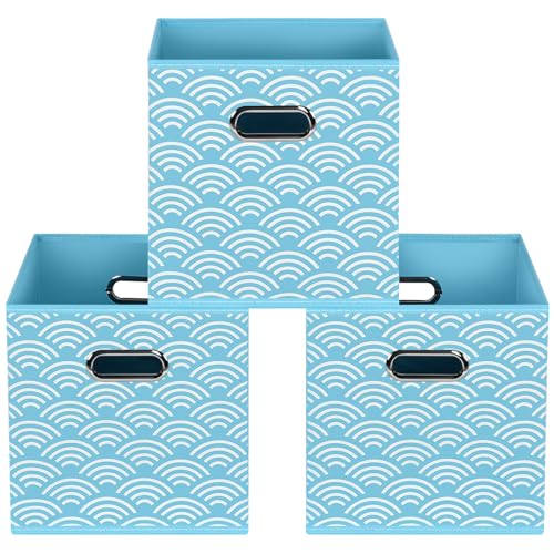 Fabric storage bins Cubes, Fabric Cube Organizer with Handle, Foldable Cube Bins for Cloth or Accessary Storage, 11x11x11, Set of 3, (Blue clouds) - color: Blue clouds, size: 3 Pack