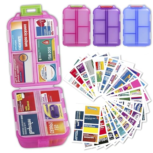 iouwei Large Pill Organizer with Medicine Labels, Travel Daily Pill Container, Mini Medication Organizer, 7-Day Pill Case, Set of 3 (Blue+Pink+Purple) - color: Blue+pink+purple, size: Large