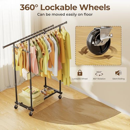 HYSEYY Double Rods Clothes Rack, Rolling Clothing Rack for Hanging Clothes Portable Wardrobe Rack, Metal Garment Rack Sturdy Coat Rack for Bedroom Laundry Living Room, Black - color: Black, style: Modern
