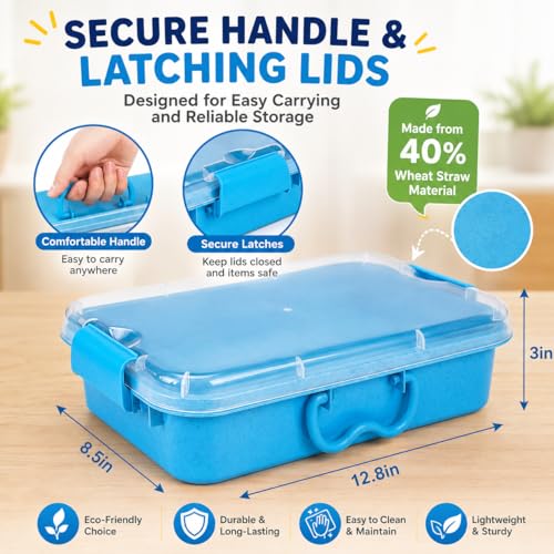 Carolart 3 Pack 12.8 Inch Wheat straw Plastic Storage Bins, Stackable | 40% wheat straw blend containers with lids for sand toy storage, classroom supplies, crafts, toys and homeschool use - color: Wheat straw