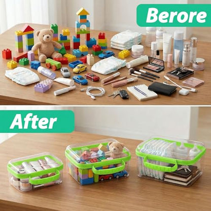 3 Pack Clear Hard Shell Zipper Cases with Handle, Waterproof Toiletry Bag for Travel, Diaper Bag Organizer Pouches, Nesting Pouches for Makeup, Toys, Snack Pouches, Stationery (Green) - color: Green