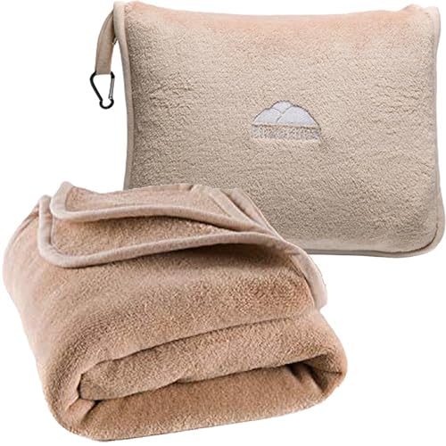 BlueHills Premium Soft Tall Travel Blanket Pillow for Airplane Traveling Essentials Long Flight Trip Throw in Bag case with Backpack Clip Compact Large Plane Accessories Beige T053 - color: Beige-long-t053