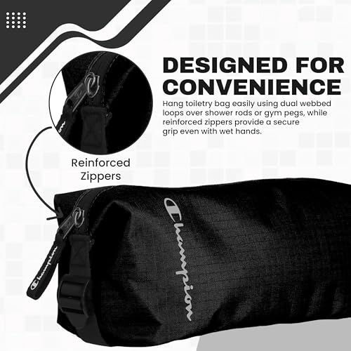 CHAMPION - Hanging Toiletry Bag - Travel Sized Polyester Bag Water-Resistant, Cosmetics Organizer Bag with Two Compliant Bottles - Lightweight Portable Zipped Bag for Unisex – True Black 10"x3.9"x3.9" - style: True Black
