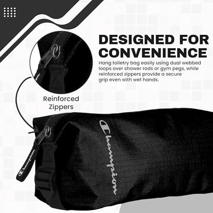 CHAMPION - Hanging Toiletry Bag - Travel Sized Polyester Bag Water-Resistant, Cosmetics Organizer Bag with Two Compliant Bottles - Lightweight Portable Zipped Bag for Unisex – True Black 10"x3.9"x3.9" - style: True Black