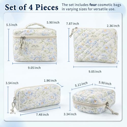 NATINSA Cute Makeup Bag for Women(2 Pcs), Travel Cosmetic Bags, Quilted Coquette Aesthetic Floral Toiletry Organizer Bag (49 - Green Leaf/4PCS) - color: 49 - Green Leaf/4PCS