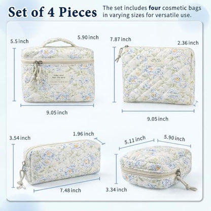 NATINSA Cute Makeup Bag for Women(2 Pcs), Travel Cosmetic Bags, Quilted Coquette Aesthetic Floral Toiletry Organizer Bag (49 - Green Leaf/4PCS) - color: 49 - Green Leaf/4PCS