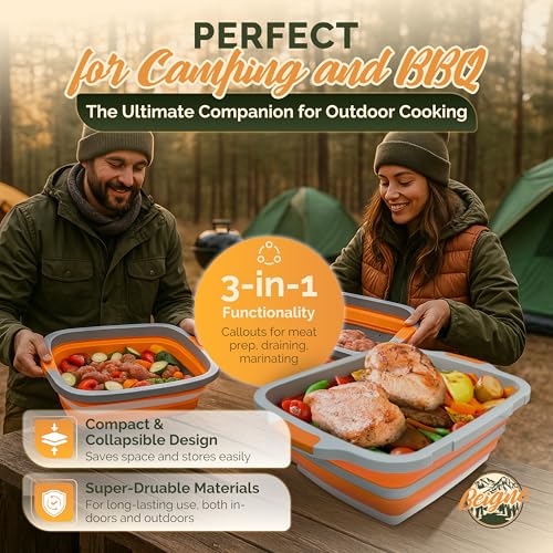 XL BBQ Prep Tub with Lid, 16L Collapsible Marinating Container & Cutting Board - Foldable Food Basin for Meat Prep Tub - Grill Station for Outdoor Cooking, Camping - BBQ Food Storage Tray