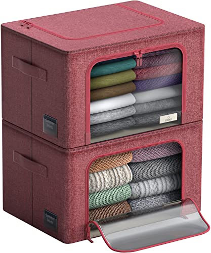 Sorbus Storage Bins with Metal Frame - Stackable & Foldable Clothes Organizer Bags - Oxford Fabric Storage Containers with Large Clear Window & Carry Handles Organization for Bedding Linen & Clothing - color: Pink, size: 2 Pack