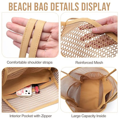KPX Beach Bag with Mini Pocket, Summer Beach Tote Bags for Women Large Foldable Mesh Swimming Pool Travel Bags - Sandproof - color: Khaki