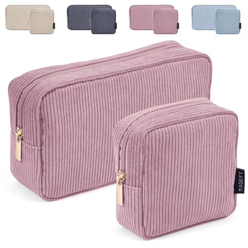 MAGEFY Small Makeup Bag for Purse Mini Cosmetics Bag Corduroy Cute Cosmetic Pouch for Women with Slip-in Pockets - color: Small+Large-Pink-2pcs