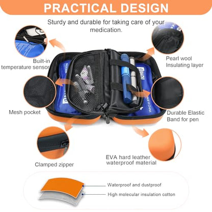 Gosemai TSA Approved Insulin Cooler Travel Case Medication Cooler for Travel with Temperature Display Diabetic Medication Organizer Medical Travel Cooler Bag with 2 Ice Pack - color: Orange