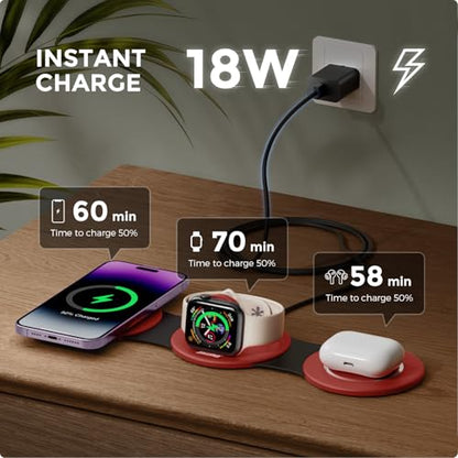 Hicober 3 in 1 Wireless Charging Station for Apple Watch and iPhone Air 17 16 15 14 13 12 Pro Max/Plus, Magnetic Foldable Wireless Travel Charger Station Stand for Airpods iWatch All Series Dark Red - color: Dark Red