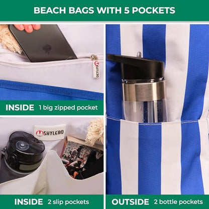 Beach Bag and Pool Bag Has Cooler Pocket, 7 Pockets Total, Zip Top. Family Size Waterproof Beach Tote - color: Navy Blue Cuttlefish
