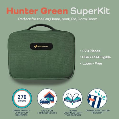 KeepGoing Large Home First Aid Kit for Kids – 270 Pc. for Car, Home, Dorm, & Boat with Latex-Free Bandages – 10 x 7 x 3.5 in. Travel First Aid Kit (Hunter Green) - style: Hunter Green