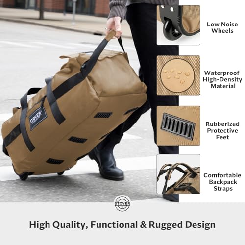 STOVER 45/80/100L Rolling Duffel Bag with Wheels, Large Durable Travel Duffle + Toiletry Bag, Heavy Duty, Packable, Foldable with Shoulder Straps- Use as Luggage or Backpack, Men/Women (Tan) - color: Tan