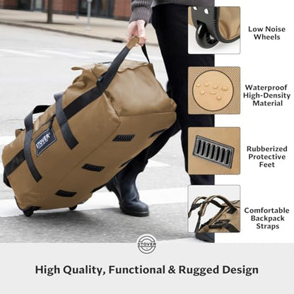 STOVER 45/80/100L Rolling Duffel Bag with Wheels, Large Durable Travel Duffle + Toiletry Bag, Heavy Duty, Packable, Foldable with Shoulder Straps- Use as Luggage or Backpack, Men/Women (Tan) - color: Tan