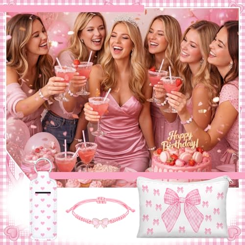 Hillban 30 Pcs Pink Bow Party Favors 10 Coquette Canvas Makeup Bags 10 Pink Bow Lipstick Keychains Holder and 10 Braid Bracelets Gift Bulk for Women Guests Coquette Birthday Party Decorations Supplies