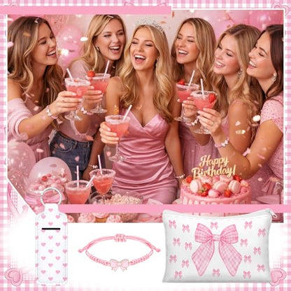 Hillban 30 Pcs Pink Bow Party Favors 10 Coquette Canvas Makeup Bags 10 Pink Bow Lipstick Keychains Holder and 10 Braid Bracelets Gift Bulk for Women Guests Coquette Birthday Party Decorations Supplies