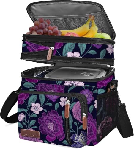 MIYCOO Lunch Bag & Lunch Box for Women Men, Double Deck Leakproof Insulated Soft Large Adult Camping Cooler bag for Work, Beach, Picnic, Travel (Purple Flower, 15L) - color: Purple Flower, size: 15L