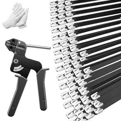 120 PCS 11.8 Inch Black Galvanized Steel Cable Ties with Metal Cable Tie Gun and Protective Gloves, Heavy Duty 304 Stainless Steel Zip Ties Self-Locking Steel Ties Fastening Tool Kit for Automotive - color: Black, size: 120PCS1.81x11.8 Inch