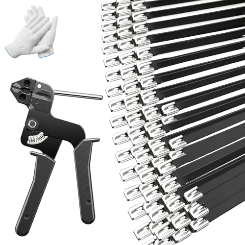 120 PCS 11.8 Inch Black Galvanized Steel Cable Ties with Metal Cable Tie Gun and Protective Gloves, Heavy Duty 304 Stainless Steel Zip Ties Self-Locking Steel Ties Fastening Tool Kit for Automotive - color: Black, size: 120PCS1.81x11.8 Inch