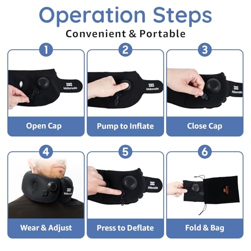 Inflatable Neck Pillow, Portable Travel Neck Pillow Airplane, Storable Black Neck Pillows Travel with Washable Cover, Adjustable Air-Fill Support