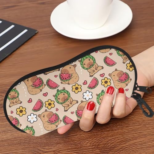 AFPANQZ Glasses Case with Carabiner Hanging Portable Neoprene Zipper Sunglasses Case Soft Lightweight - color: Capybara Watermelon