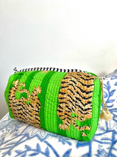YILLE Set of 3 Pieces Block Printed Travel Organizer Kit Storage Bag for Women Makeup Bag Travel Cosmetic Bag (Green Fat tiger) - color: Green Fat tiger