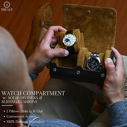 2 Watch Travel Case for Men Vegan Leather Watch Roll Case Organizer and Display - Elegant Gift - Espresso Brown Vegan Leather - color: Espresso Brown 2-watch case