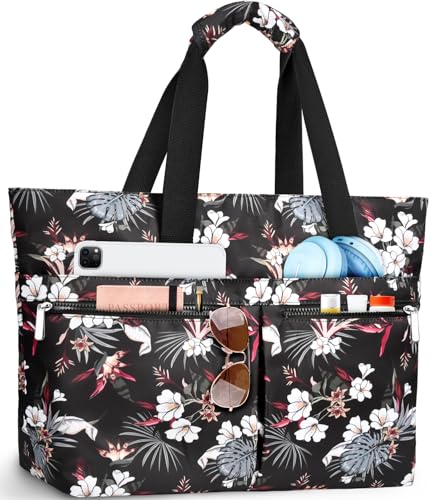 HUANLANG Large Beach Bags for Women Pool Bag with Zipper, Waterproof Sandproof Beach Tote Travel Bag with Wet Pocket - color: Black Floral