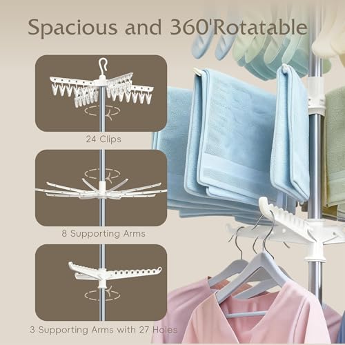 Beaudaily Clothes Drying Rack, Foldable 79.5-Inch Laundry Drying Rack,3 Tie, with Rotatable Arms, Stainless Steel, Holds 27 Clothes,8 Towels and 24 Clips for Hanging Socks, White and Silver - color: White + Silver, size: 3-Tier
