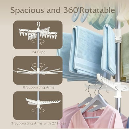 Beaudaily Clothes Drying Rack, Foldable 79.5-Inch Laundry Drying Rack,3 Tie, with Rotatable Arms, Stainless Steel, Holds 27 Clothes,8 Towels and 24 Clips for Hanging Socks, White and Silver - color: White + Silver, size: 3-Tier