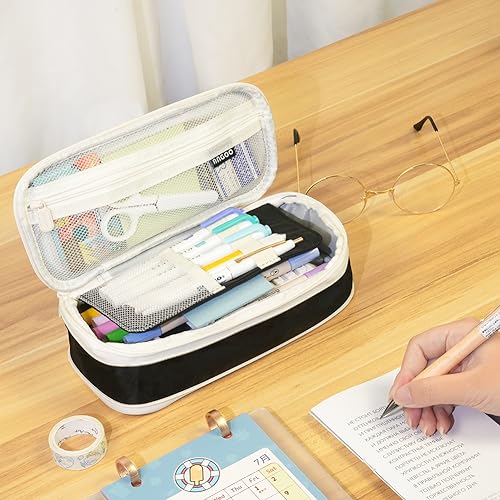 MAMUNU Expandable Pencil case with compartments, Large Capacity Pencil Cases Pencil Bag Pouch Office School, Portable Pencil Case Large School Stationery Organizer, Makeup Cosmetic Bag (Black) - color: Black