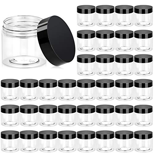 Eternal Moment 36 Pack 2 OZ Plastic Jars Round Clear Cosmetic Container Jars with Lids, Perfect for Lotion, Cream, Ointments, Makeup, Eye Shadow, Rhinestone, Samples, Pot, Travel Storage - color: Black Lid, size: 2 Ounce