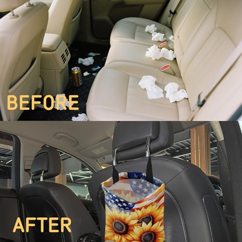 Sunflowers on American Flag Car Garbage Bag, Small Car Trash Bag Hanging Back of Seat,Drawstring Car Trash Bag with Adjustable Buckle,Car Accessories for Camping Travelling - color: Sunflowers on American Flag
