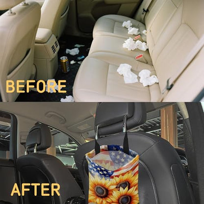 Sunflowers on American Flag Car Garbage Bag, Small Car Trash Bag Hanging Back of Seat,Drawstring Car Trash Bag with Adjustable Buckle,Car Accessories for Camping Travelling - color: Sunflowers on American Flag
