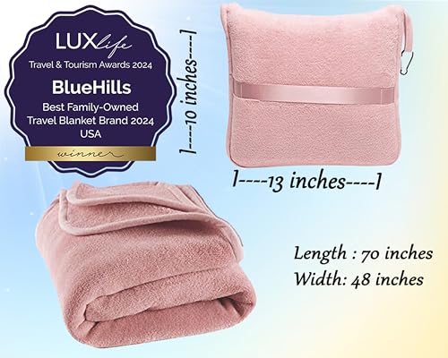 BlueHills Premium Soft Long Travel Blanket Pillow for Tall Airplane Flight Blanket 70 X48 inch Throw in Soft Bag case with Backpack Clip Compact Large Plane 2 in 1 Combo Pink T055 - color: Pink-long-t055