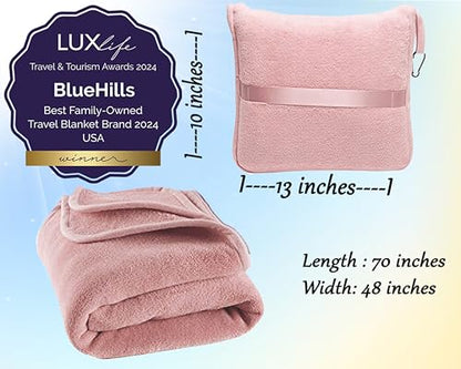 BlueHills Premium Soft Long Travel Blanket Pillow for Tall Airplane Flight Blanket 70 X48 inch Throw in Soft Bag case with Backpack Clip Compact Large Plane 2 in 1 Combo Pink T055 - color: Pink-long-t055