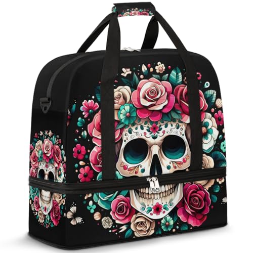 Halloween Skull Rose Skeleton Travel Duffle Bags With Shoes Compartment for Women Men Weekender Overnight Bag Foldable Sports Tote Gym Carry On Luggage Handlebag for Travel Yoga Hospital Workout - color: A03: Halloween Skull Rose