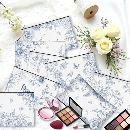 30 Pcs Blue Chinoiserie Floral Makeup Bags Porcelain Cosmetic Zipper Pouches with Blue Flower Makeup Bag Bulk Canvas Cosmetic Travel Toiletry Pouch for Women bridesmaids Wedding Favors - style: Blue Porcelain